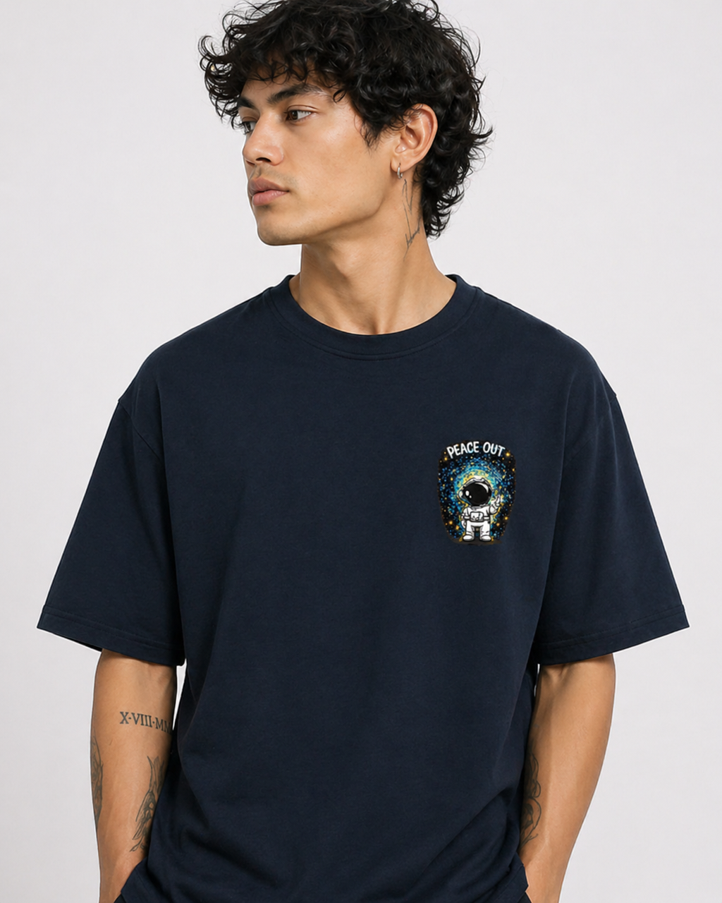 Peace Out Astronaut Oversized T-Shirt for Men | Navy Blue Graphic Streetwear Tee