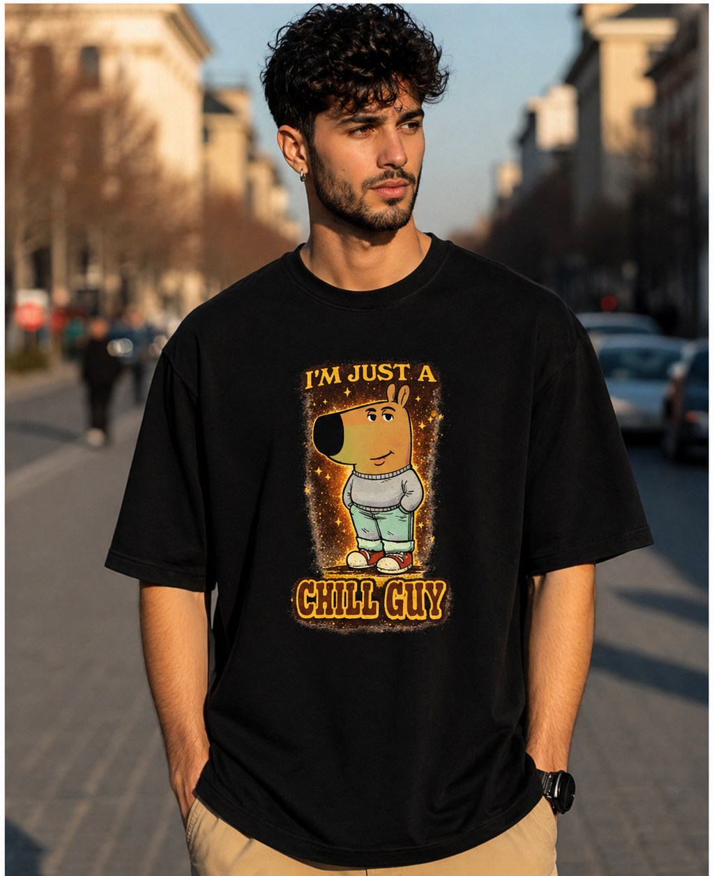 I'm Just A Chill Guy Oversized Graphic T-Shirt for Men | Black Relaxed Streetwear Tee