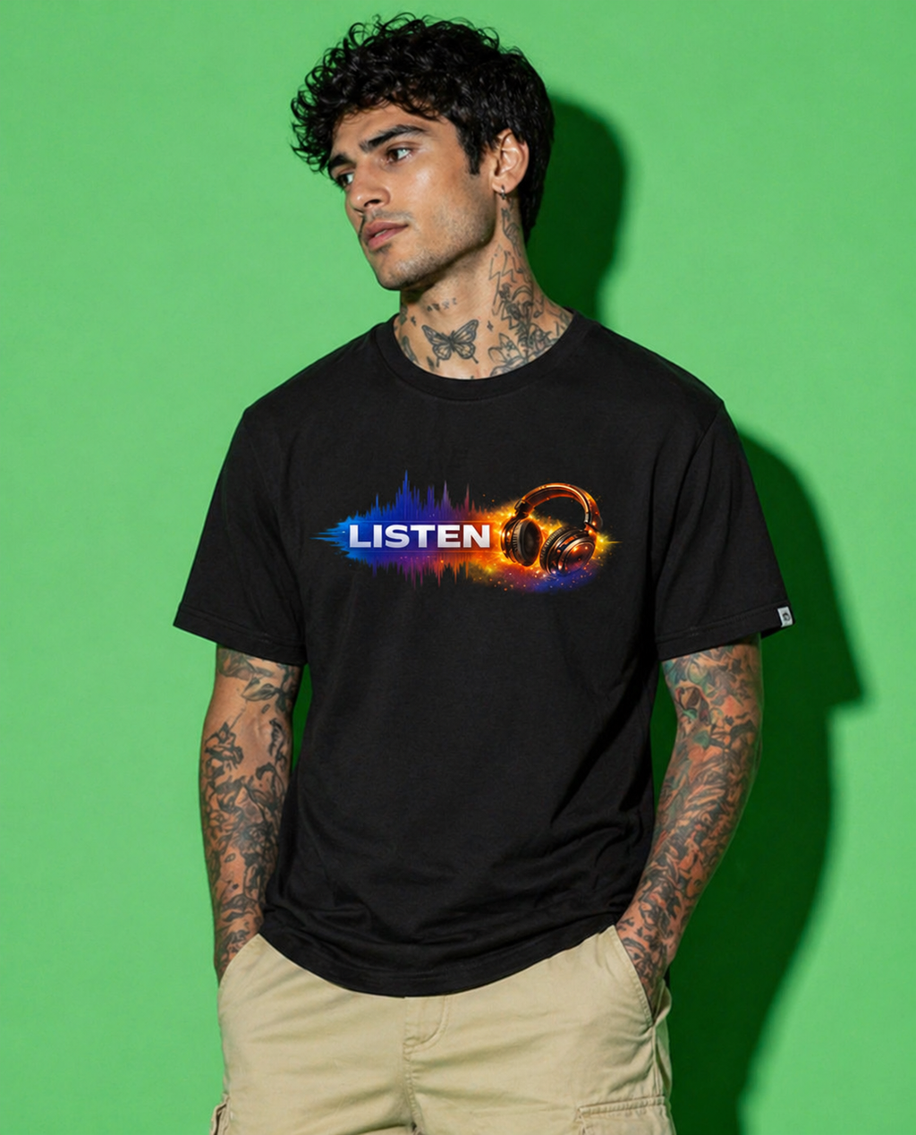 “LISTEN Soundwave Headphone Graphic T-Shirt – Minimal Music Streetwear (Oversized Fit)”