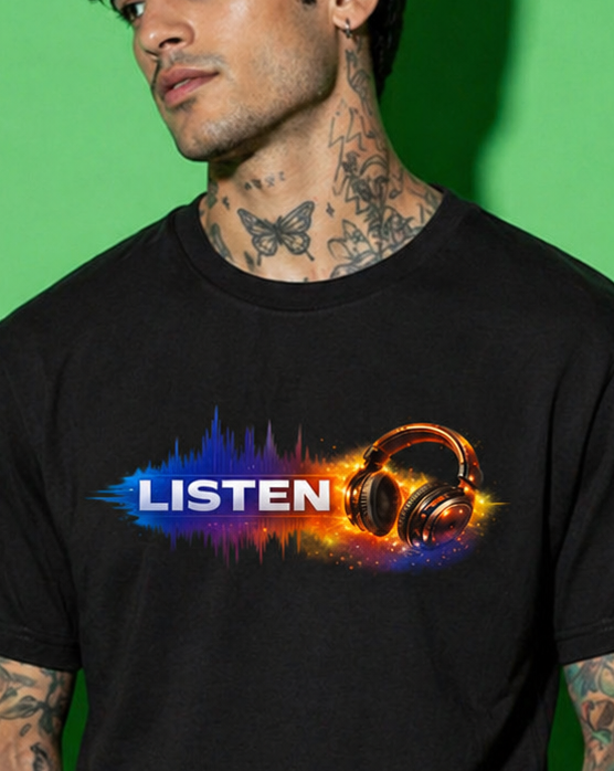 “LISTEN Soundwave Headphone Graphic T-Shirt – Minimal Music Streetwear (Oversized Fit)”