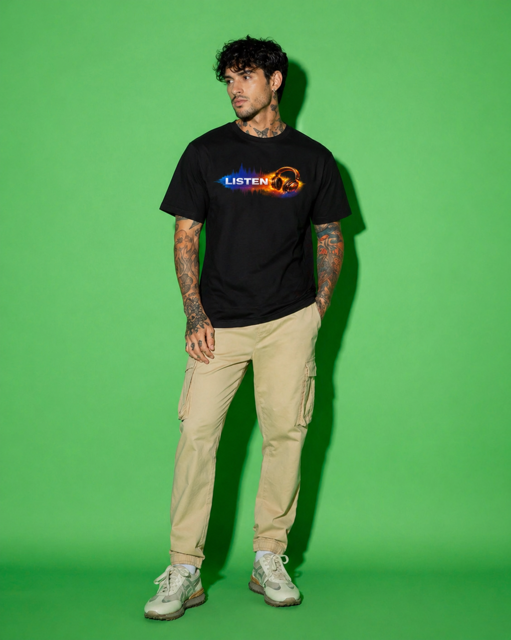 “LISTEN Soundwave Headphone Graphic T-Shirt – Minimal Music Streetwear (Oversized Fit)”