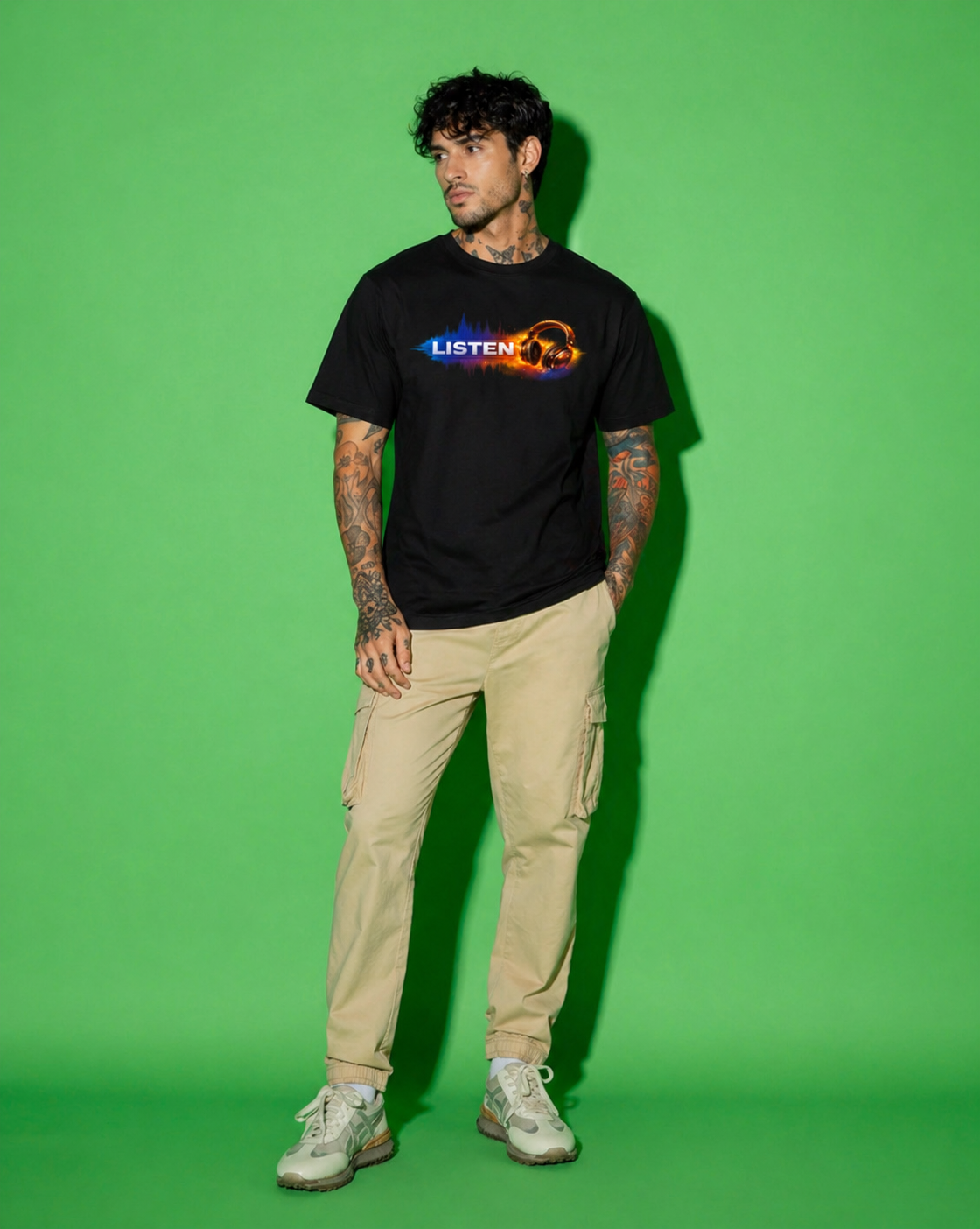 “LISTEN Soundwave Headphone Graphic T-Shirt – Minimal Music Streetwear (Oversized Fit)”