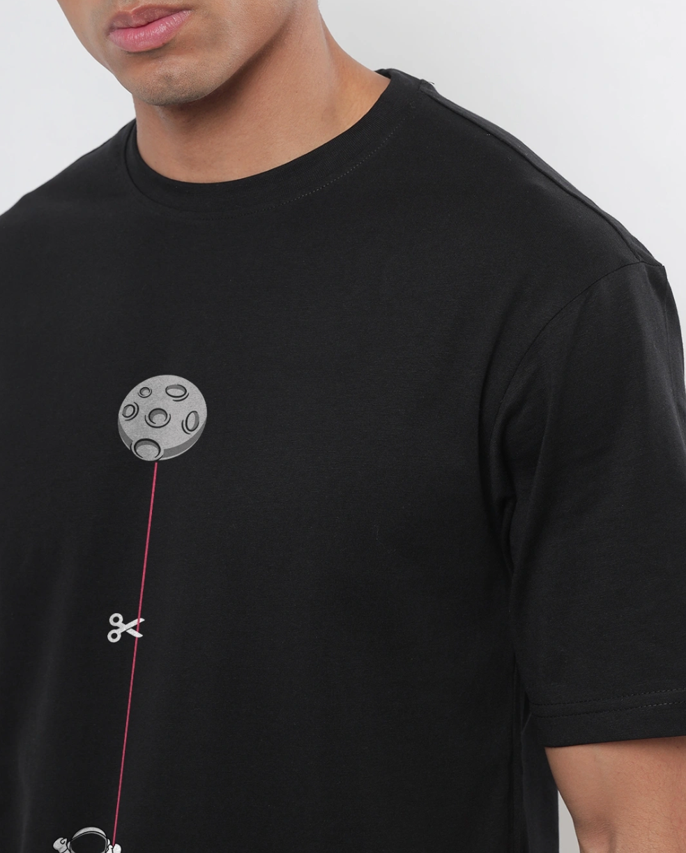 Hang In There Moon Graphic Oversized Black T-Shirt for Men